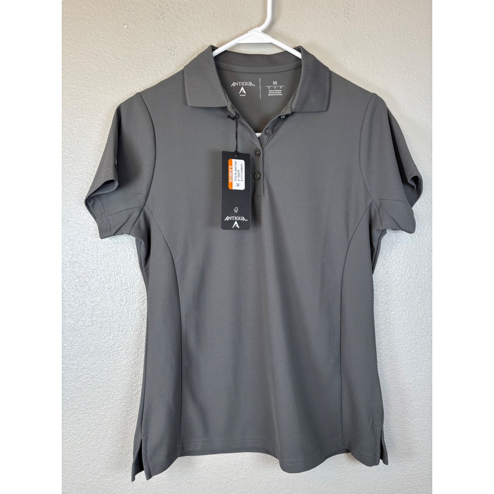 Antigua Womens Legacy‎ Pique Polo Shirt Carbon Gray Short Sleeve Golf Top M NEW
